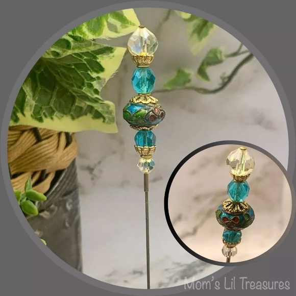 Turquoise Blue Clear Crystals Cloisonné Flower Design - 8” • Hatpin • 4/11 - Picture 1 of 14